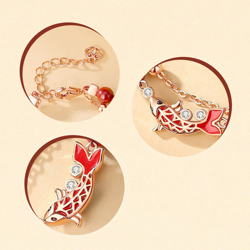 Fortune Jewel 925 Sterling Silver Lucky Koi Fish Cinnabar Zircon Prosperity Double Layer Chain Bracelet