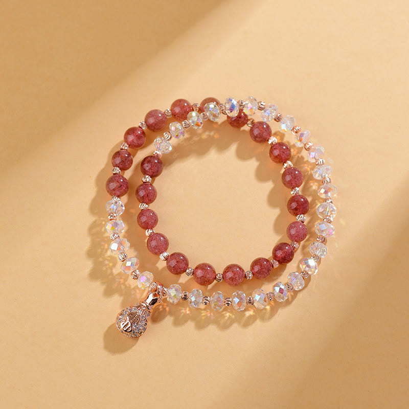 Fortune Jewel Strawberry Quartz White Crystal Money Bag Charm Positive Bracelet