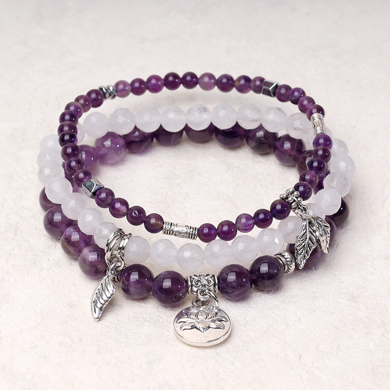 Fortune Jewel 3PCS Natural Quartz Crystal Beaded Healing Energy Lotus Bracelet