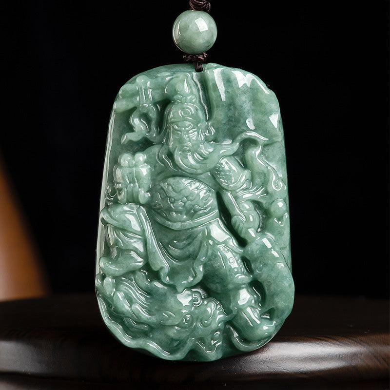 Fortune Jewel Natural Jade Guan Gong Amulet Wealth Necklace Pendant
