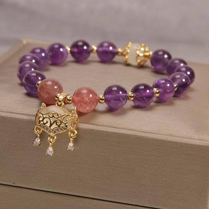 Fortune Jewel Natural Amethyst Strawberry Quartz Cat Eye Chinese Lock Charm Healing Bracelet