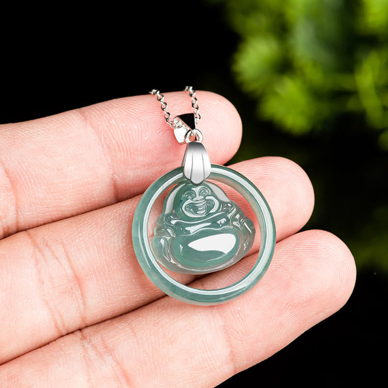 Fortune Jewel Natural Jade Round Laughing Buddha Abundance Titanium Steel Chain Necklace Pendant Fortune Jewel