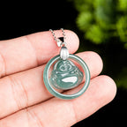 Fortune Jewel Natural Jade Round Laughing Buddha Abundance Titanium Steel Chain Necklace Pendant Fortune Jewel