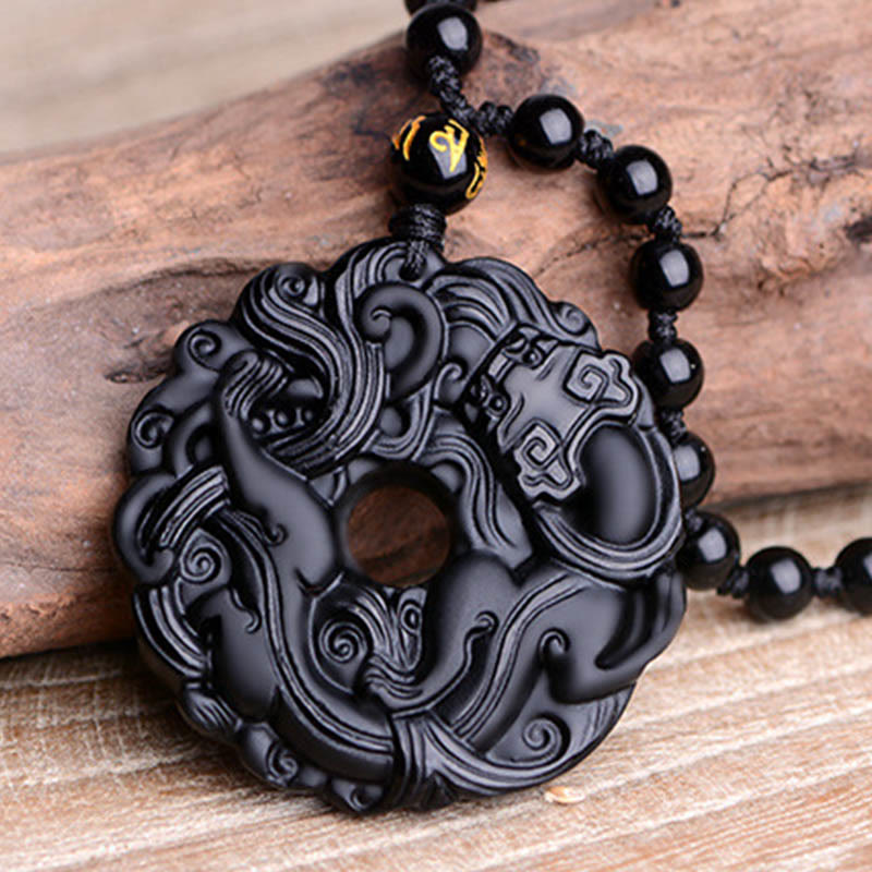 Fortune Jewel Natural Black Obsidian Peace Buckle Pixiu Purification Necklace Pendant