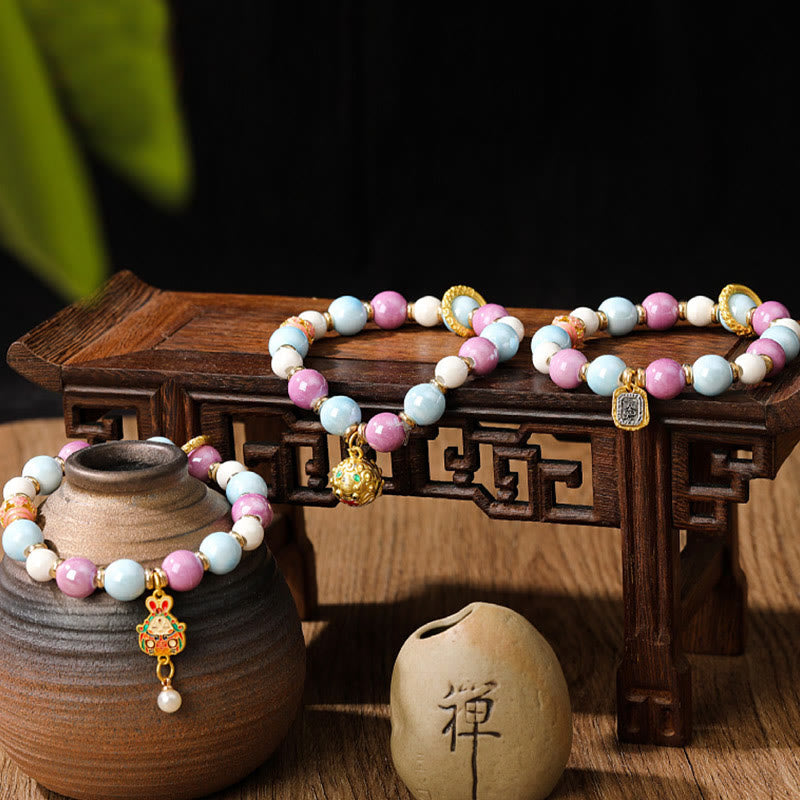 Fortune Jewel Tibetan Zakiram Goddess of Wealth Rabbit Lion Head Charm Liuli Glass Incense Ash Porcelain Bead Protection Bracelet