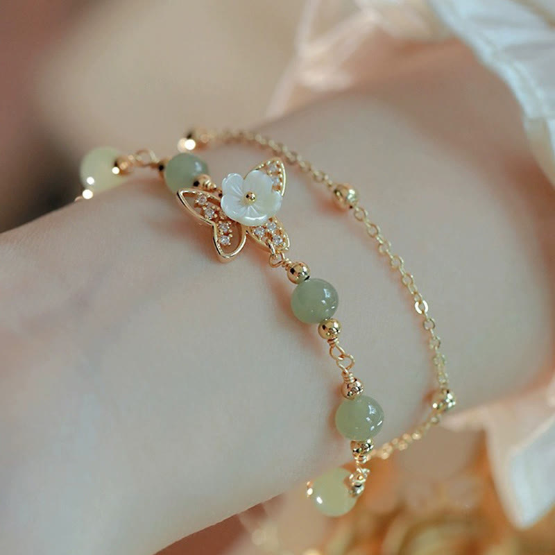 Fortune Jewel 14K Gold Plated Jade Butterfly Tridacna Stone Flower Double Layer Luck Bracelet