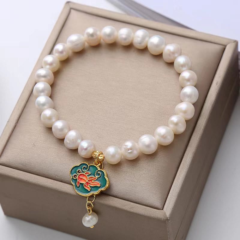 Fortune Jewel Natural Pearl Lotus Koi Fish Goldfish Optimism Charm Bracelet