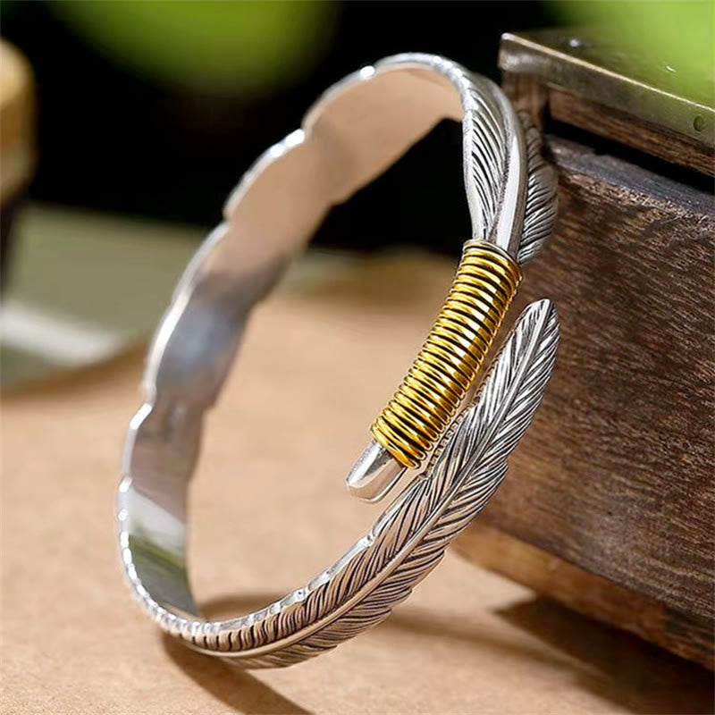 Fortune Jewel Feather Pattern Engraved Luck Cuff Bracelet Bangle