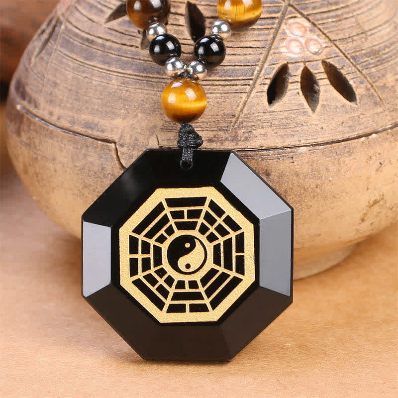 Fortune Jewel Bagua Yin Yang Black Obsidian Purification Beaded Necklace Pendant