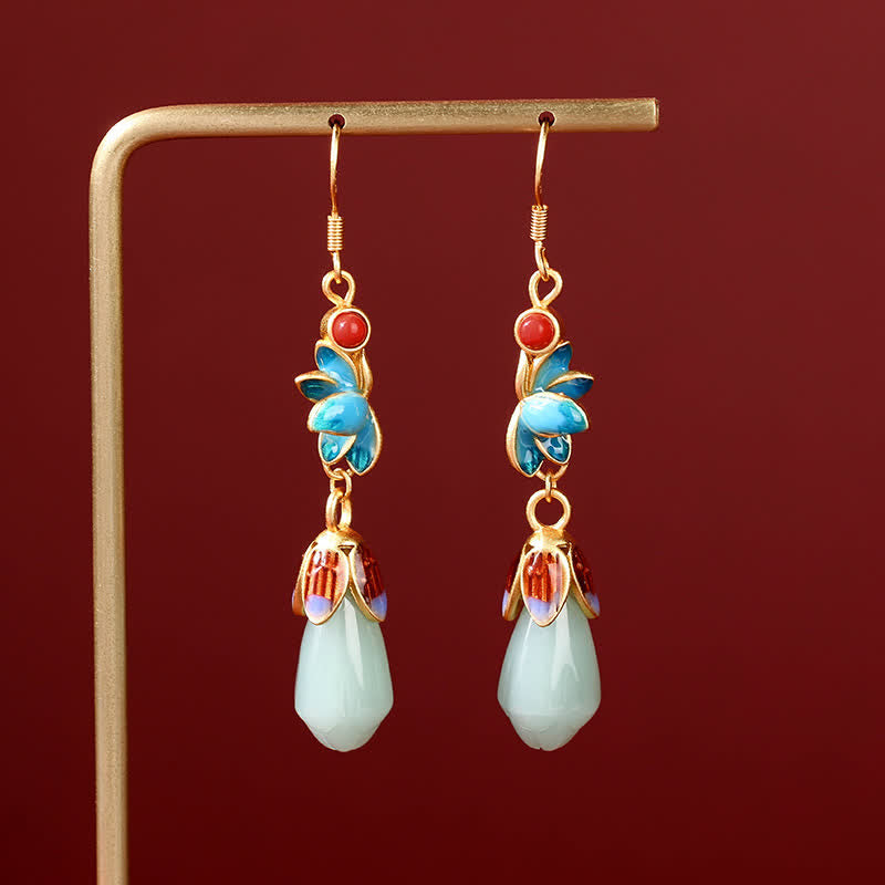 Fortune Jewel Magnolia Flower Jade Pattern Luck Prosperity Drop Dangle Earrings
