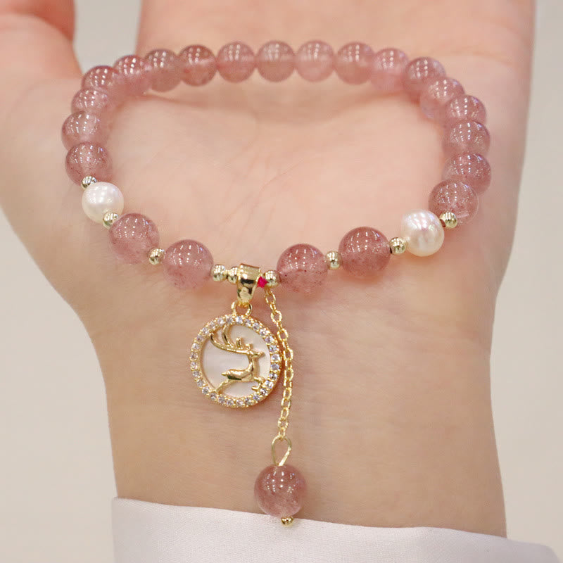Fortune Jewel Strawberry Quartz Pearl Elk Smiley Face Fishtail Fu Character Charm Healing Bracelet