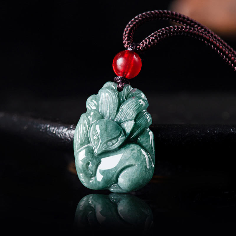 Fortune Jewel Natural Green Jade Nine Tailed Fox Engraved Prosperity Necklace Pendant