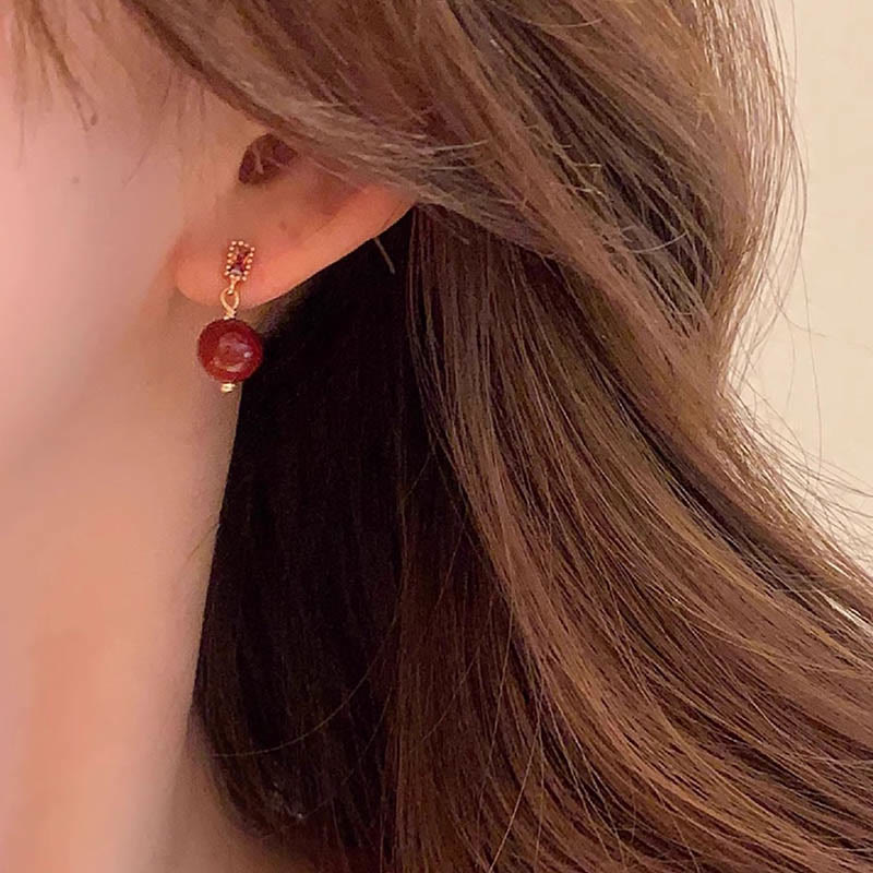 Fortune Jewel 925 Sterling Silver Posts 14K Gold Filled Cinnabar Bead Zircon Calm Earrings