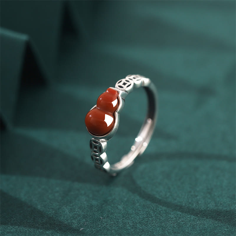 Fortune Jewel 925 Sterling Silver Red Agate Gourd Copper Coin Self-acceptance Ring