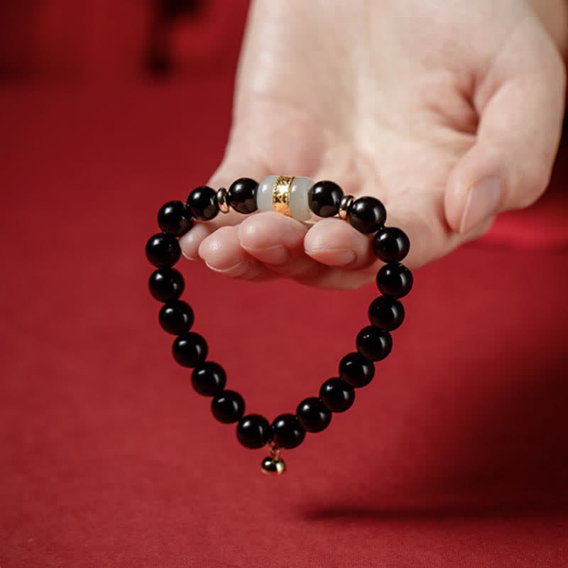 Fortune Jewel Black Obsidian Jade Om Mani Padme Hum Strength Couple Magnetic Bracelet