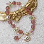 Fortune Jewel Strawberry Quartz Lucky Four Leaf Clover Healing Charm Bracelet