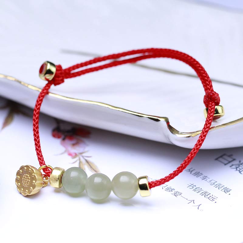 Fortune Jewel Natural Jade Lotus Seed Strength Red String Weave Bracelet