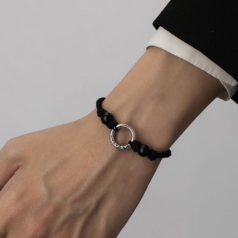Fortune Jewel 925 Sterling Silver Black Onyx Peace Buckle Protection Bracelet