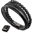 Buddha Stones Natural Lava Rock Black Onyx Bead Leather Bracelet