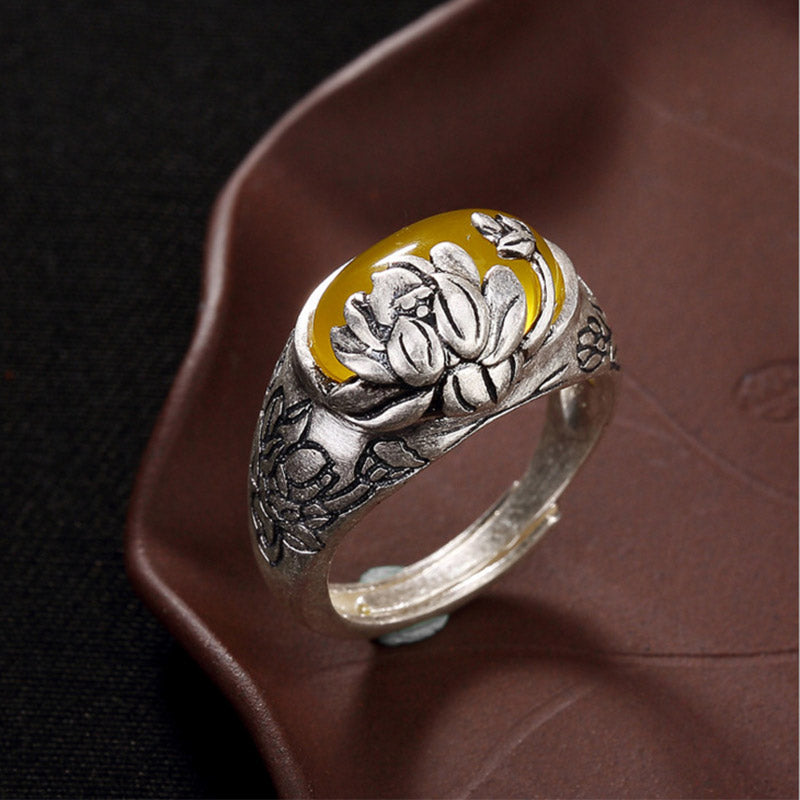 Fortune Jewel Citrine Lotus Blessing Protection Adjustable Ring