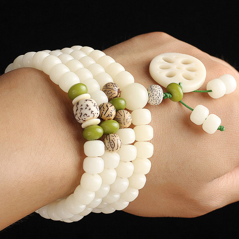 Fortune Jewel White Bodhi Seed Mala 108 Beads Luck Bracelet