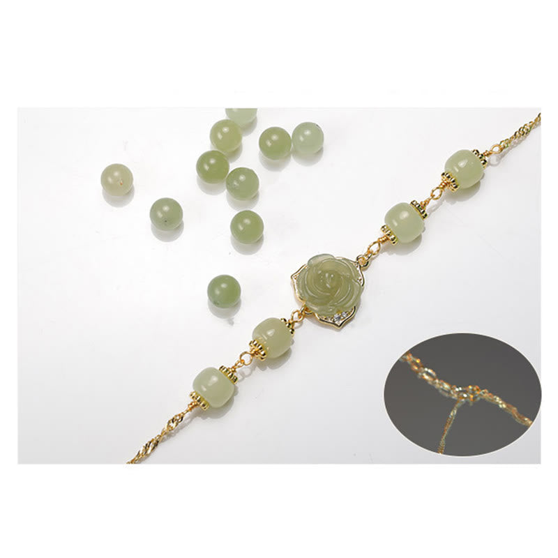 Fortune Jewel 14K Gold Plated Hetian Jade Rose Flower Luck Chain Bracelet