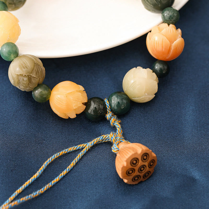 Fortune Jewel Bodhi Seed Lotus Bead Engraved Moss Agate Peace Calm Bracelet