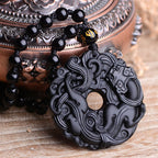 Fortune Jewel Natural Black Obsidian Peace Buckle Pixiu Purification Necklace Pendant