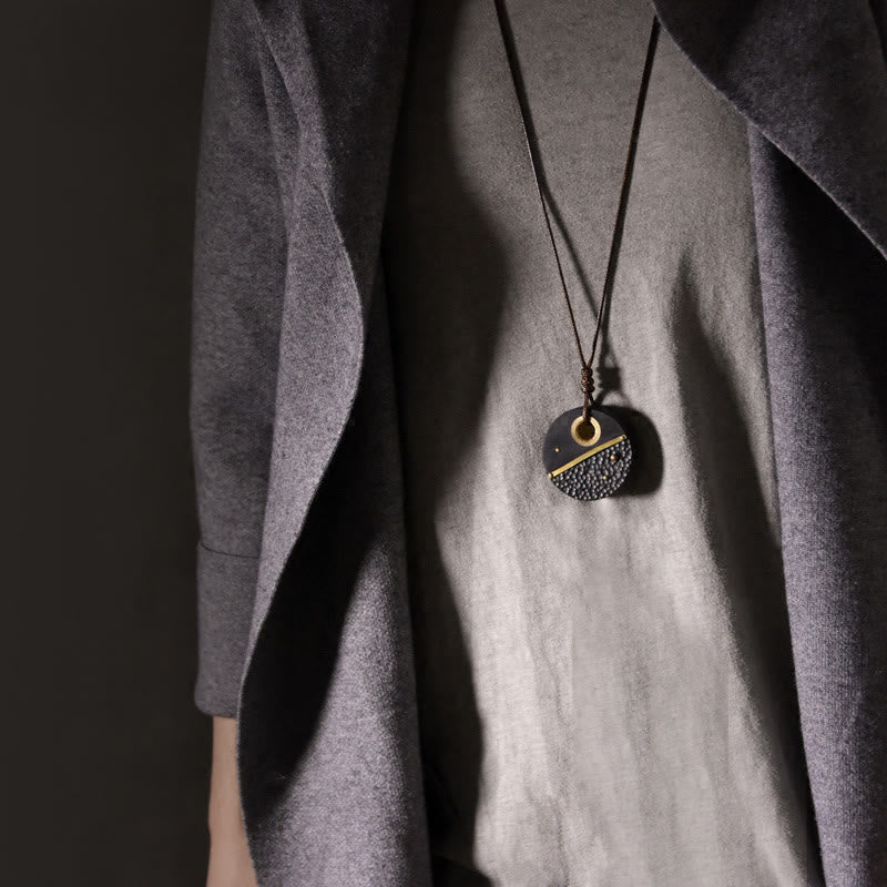 Fortune Jewel Handcrafted Round Ebony Wood Brass Copper Peace Necklace Pendant