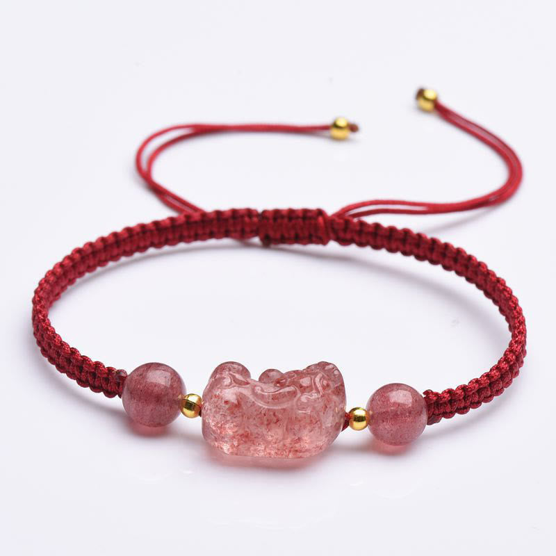 Fortune Jewel Natural Strawberry Quartz PiXiu Lucky Red String Bracelet