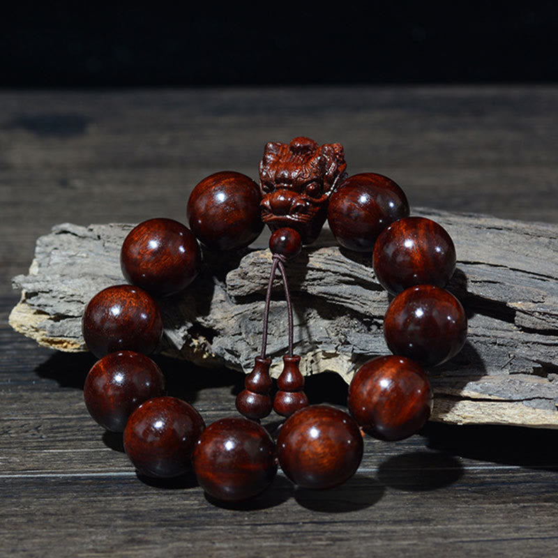 Fortune Jewel Rosewood Green Sandalwood Small Leaf Red Sandalwood Dragon Carved Protection Bracelet