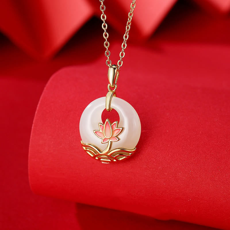 Fortune Jewel 925 Sterling Silver Hetian White Jade Lotus Flower Blessing Necklace Pendant Fortune Jewel