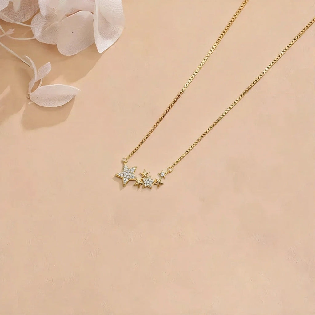 Gold-Plated Cubic Zirconia Starry Sky Pentagram Clavicle Necklace for Women