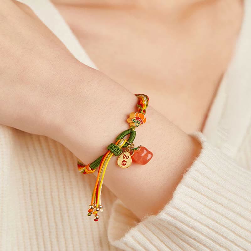 Fortune Jewel Persimmon Red Agate Strength Reincarnation Knot Braid String Bracelet