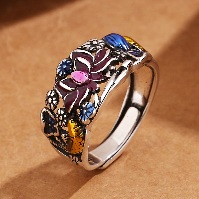Fortune Jewel Koi Fish Lotus Flower Leaf Design Luck Wealth Ring