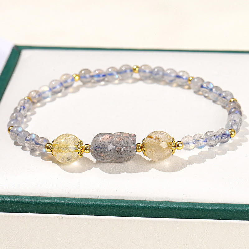 Fortune Jewel Moonstone Strawberry Quartz Tourmaline PiXiu Healing Bracelet