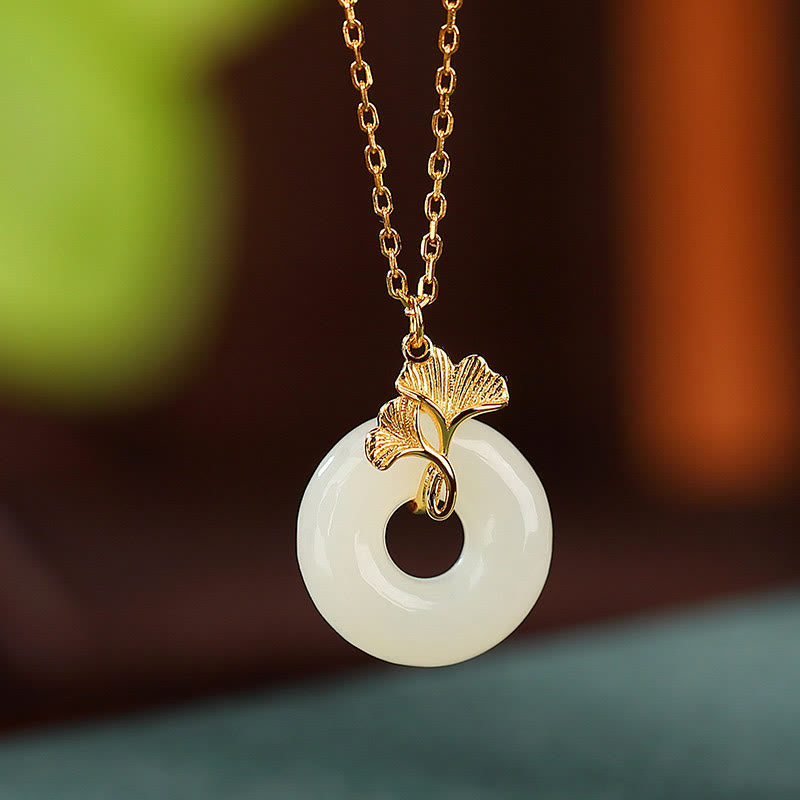 Fortune Jewel 925 Sterling Silver Natural Hetian Jade Ginkgo Leaf Peace Buckle Luck Necklace Pendant