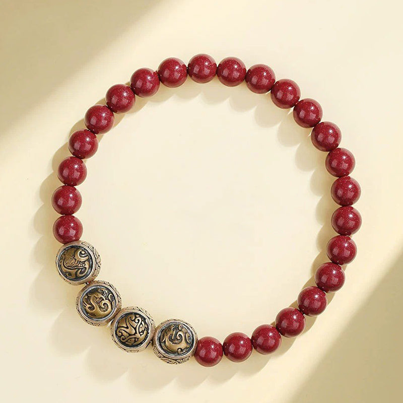 Fortune Jewel 925 Sterling Silver Natural Cinnabar Four Beasts Blessing Bracelet