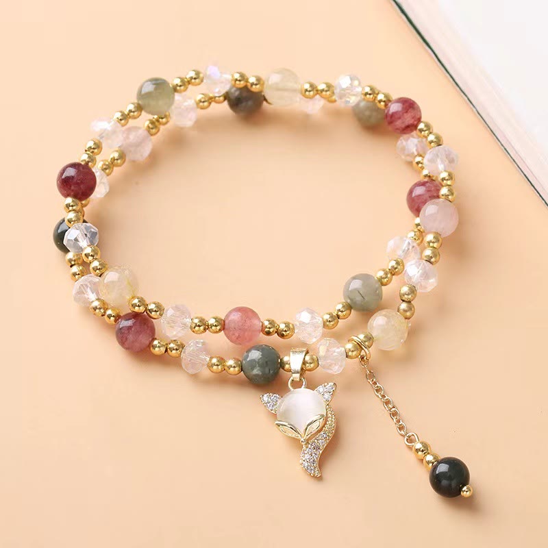 Fortune Jewel Multicolored Rutilated Quartz Fox Protection Double Wrap Bracelet