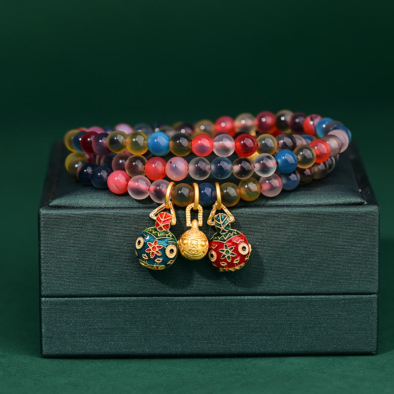 Fortune Jewel Colorful Candy Agate Gold Swallowing Beast Family Strength Charm Triple Wrap Bracelet