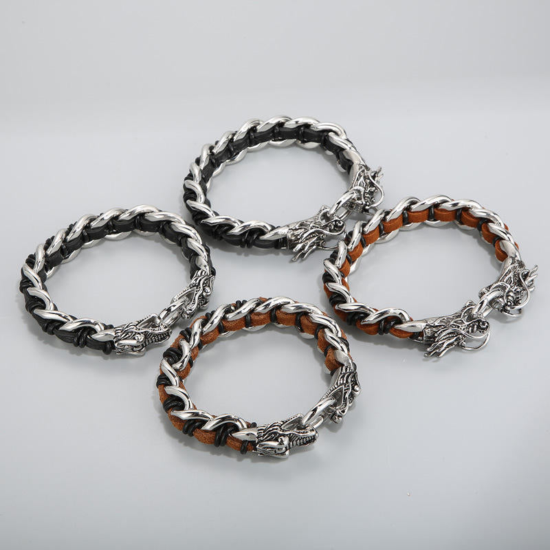 Fortune Jewel Dragon Leather Titanium Steel Protection Luck Braided Bracelet Fortune Jewel