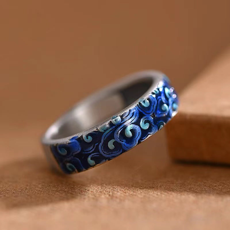 Fortune Jewel Blue Auspicious Clouds Design Healing Copper Adjustable Ring