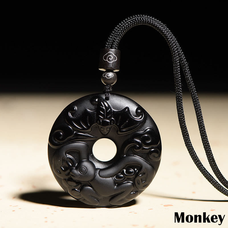 Fortune Jewel Chinese Zodiac Natural Black Obsidian Peace Buckle Strength Necklace Pendant