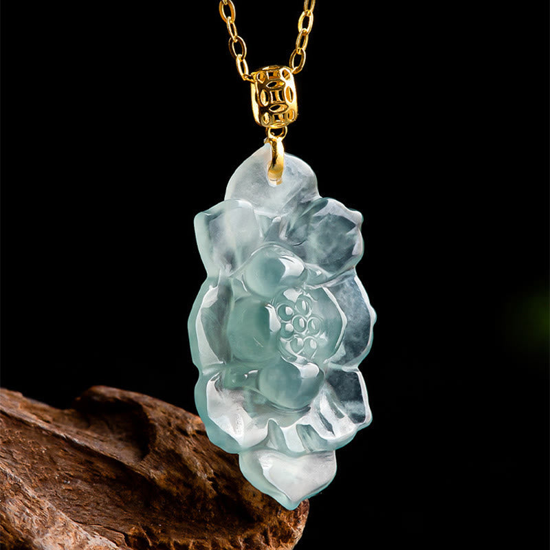 Fortune Jewel Natural Jade Lotus Pattern Prosperity Titanium Steel Chain Necklace Pendant Fortune Jewel