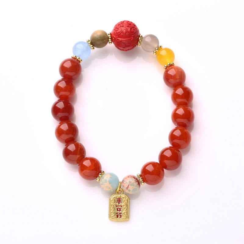 Fortune Jewel Natural Red Agate Peace Talisman Fu Character Dragon Tail Confidence Charm Bracelet