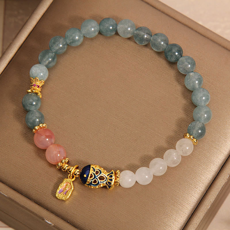 Fortune Jewel Jade Yanyuan Agate White Jade Koi Fish Scripture Charm Luck Bracelet