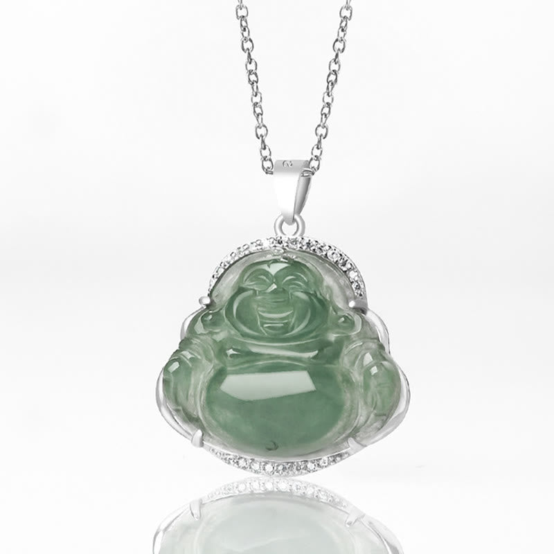 Fortune Jewel Laughing Buddha Natural Jade Luck Prosperity Necklace Titanium Steel Chain Pendant Fortune Jewel
