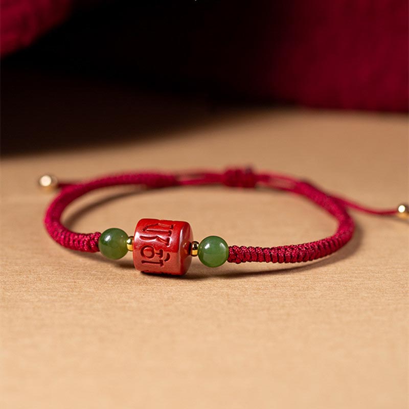 Fortune Jewel Tibetan Cinnabar Om Mani Padme Hum Engraved Blessing Braided Rope Bracelet