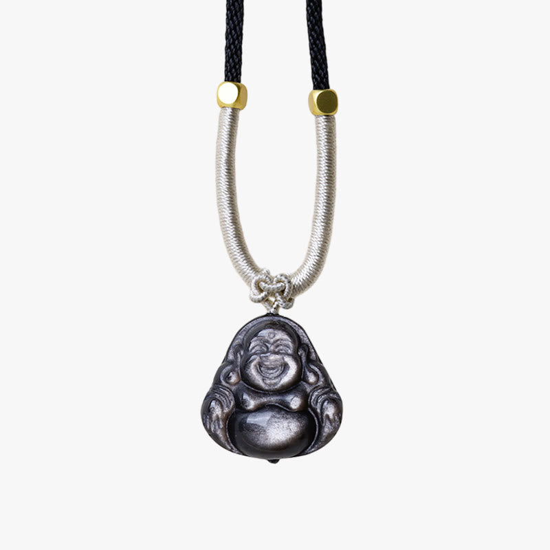 Fortune Jewel Natural Silver Sheen Obsidian Laughing Buddha Protection Necklace Pendant