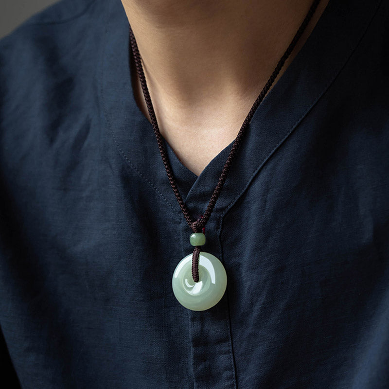 Fortune Jewel Natural Round Jade Peace Buckle Luck Prosperity Necklace Pendant